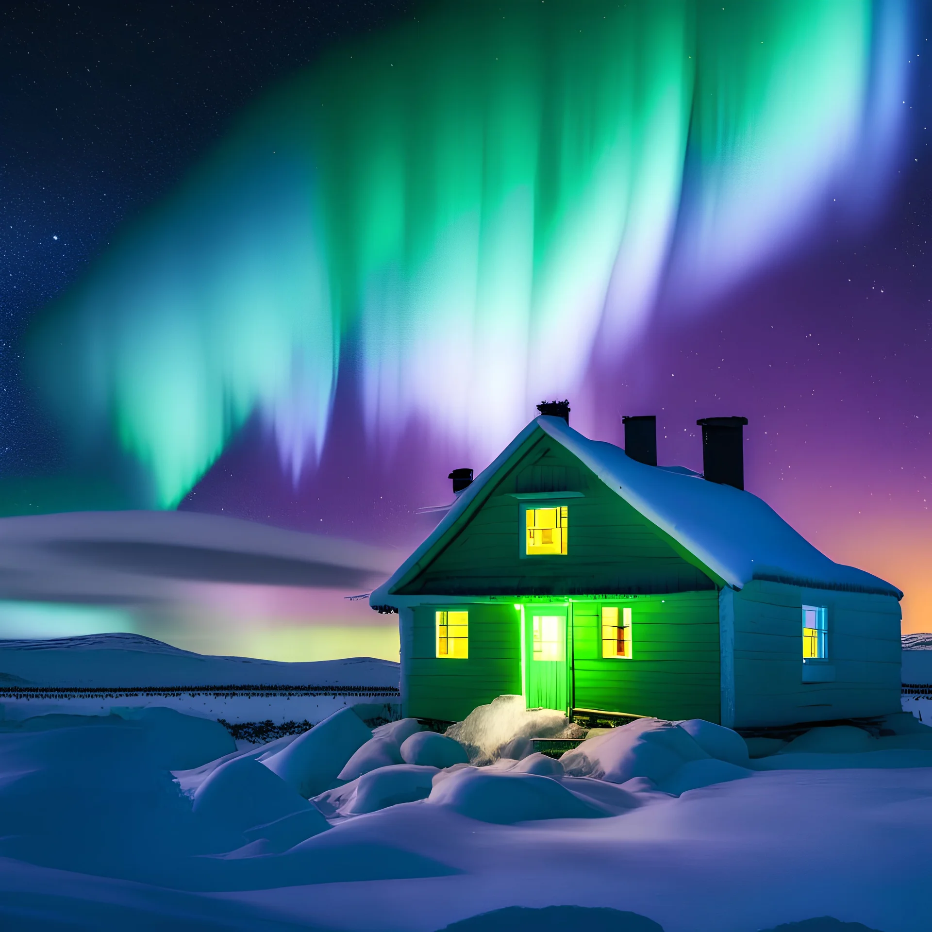 A house in the snow next to the Northern Lights, high quality