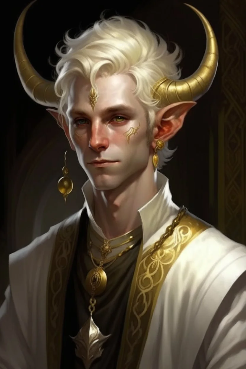 A young tiefling man with White-Blonde, short hair, black eyes, dressed in white and gold with lots of jewelry, beautiful, no horns