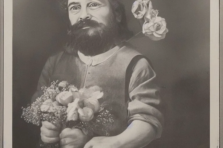 Portrait nain avec une coupe mulet, bouquet de fleur en main, air pervers et amoureux