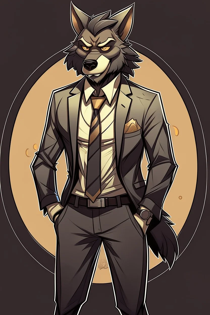 Buff, anthro, wolf, himbo, black fur, gold eyes, wearing a suit, full-body