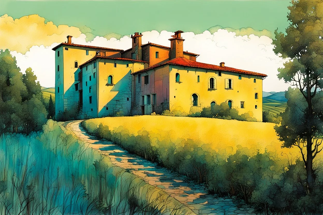 create a wildly abstract illustration of a highly detailed fortified Italian farmhouse surrounded by Lombardy poplar trees, in the hills of Tuscany at dawn, in the comic book art style of Bill Sienkiewicz, and Jean Giraud Moebius, finely textured, drawn, colored, and inked