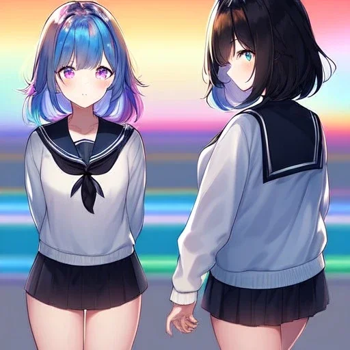 Clear focus,High resolution, Black and Rainbow short fluffy hair, and rainbow eyes, wearing a sailor uniform, must wear a short skirt with a horizontal line, you can only see her from the back, putting on sweater midway