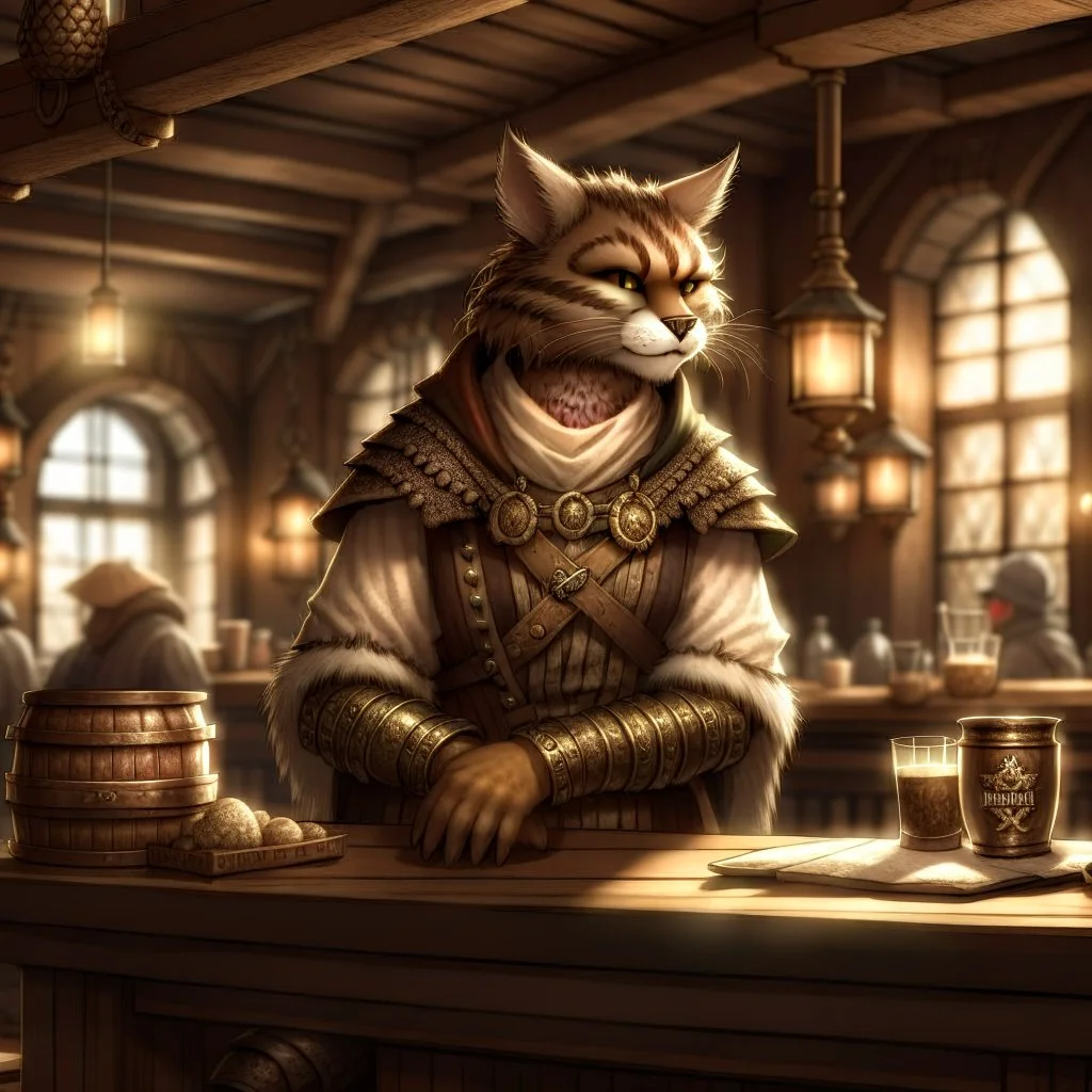 A khajiit with brown spotted fur in a medieval fantasy tavern dressed in rags