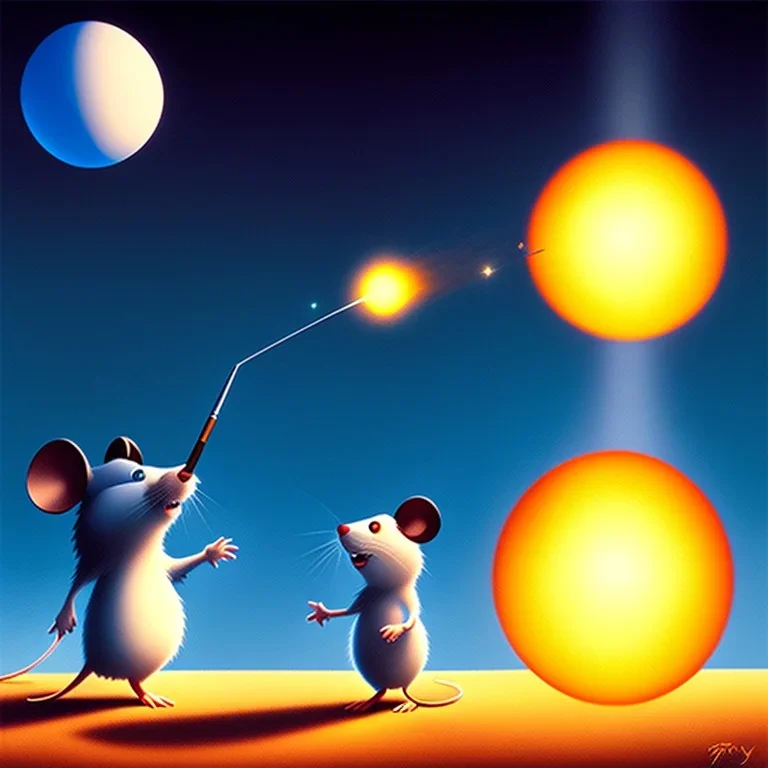 The mouse and the executioner discussing the future of the universe on bubble world, art by Pixar and Magritte