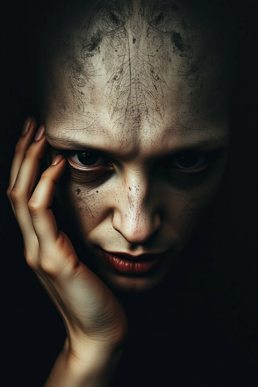 surreal collage of fade human portrait with pale skine , lack black eyes, Darkness is sometimes, it is the moment of realization. The shadows rising from the depths are terrifying; they are the offspring of our minds, surreal abstract things andt shapes, . darkness looking me, and eating face, body, close up the crepy stunning portrait, shadows, evil darkness, surreal, thiller vibe, background vortex, abyss,crepy vibe, dinner of darknes, ntricate details, cinematic