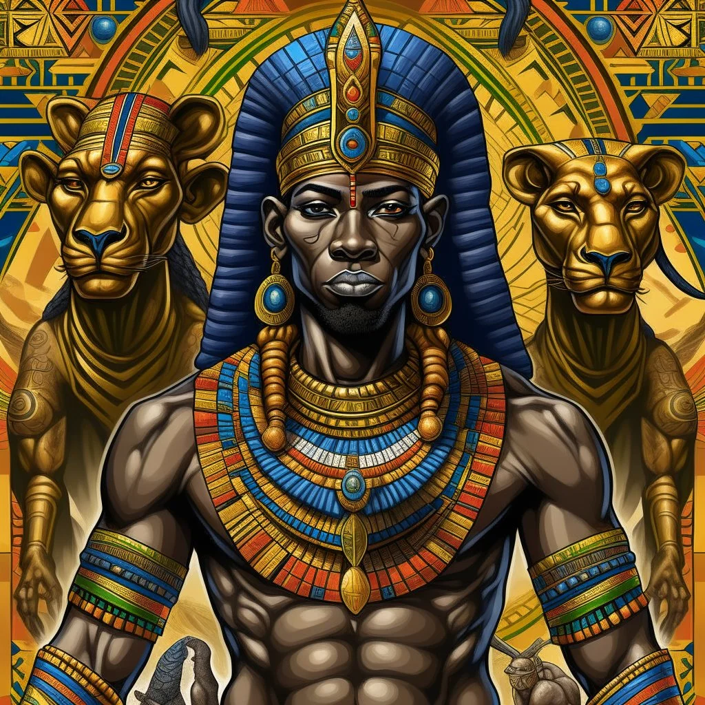 Create an image reflecting the African depiction of God, in Egyptian way, drawing inspiration from various African cultures and beliefs. This portrayal may include elements such as a majestic figure with dark skin, adorned in traditional African attire or regalia symbolizing power and authority. Incorporate significant symbols such as tribal markings, sacred animals like lions or elephants, and motifs representing creation, wisdom, and spirituality. The background could feature a sweeping Africa