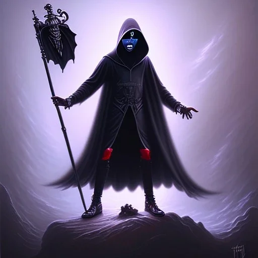 levitated grim reaper with hoodie, oil painting and spray