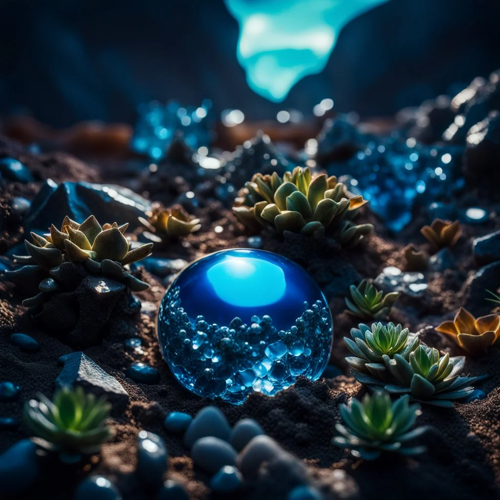 A striking photograh close-up captures a hyperrealistic wasteland with group of plants and glossy material, adorned with minerals and rocks. Bathed in intense light, eerie, giant blue sun, 8k, deep 3d field, rock formations, strong texture, extreme detail, intricate, colours, rich moody colors, sparkles, bokeh, 33mm photography