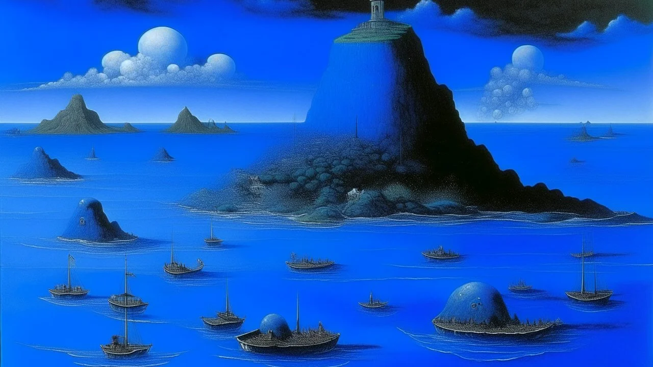 An indigo ocean with islands and grottos painted by Max Ernst