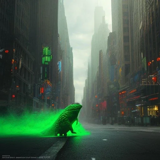 green slime monster, walking through new york city, dramatic, dramatic lighting, pixar style, volumetric lighting, hyperrealism, 8k, high quality, photorealistic, lot of details