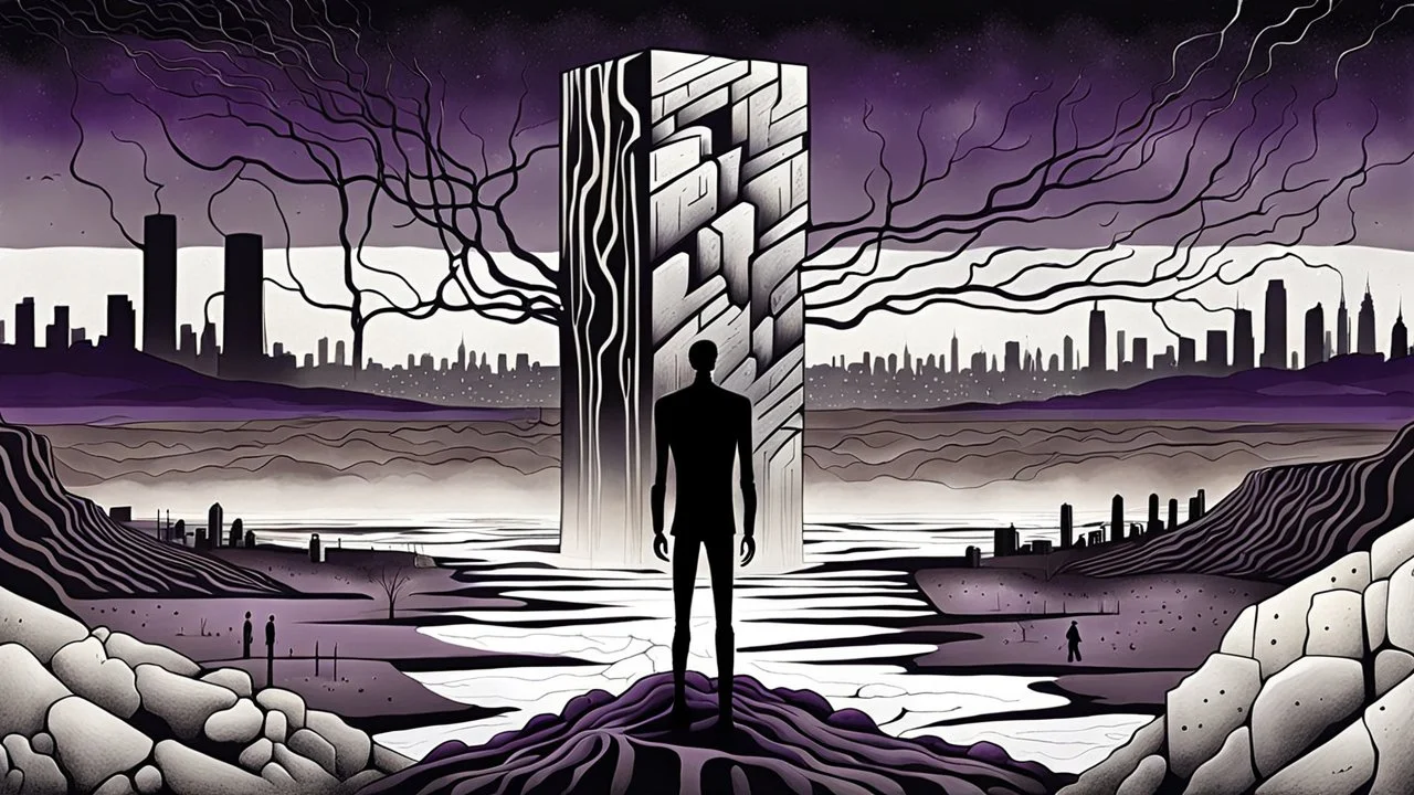 inner an giant block of stone of several layers a human figure stands alone , in outside around weird landscape with city in the distance, sharp lines, fade pale eyes, fade human figures in city, dark purple, gray, black, white, brown. Whimsical style and surreal vibe, lonely with absurd broken land, neuron network background, surreal nightmare vibe