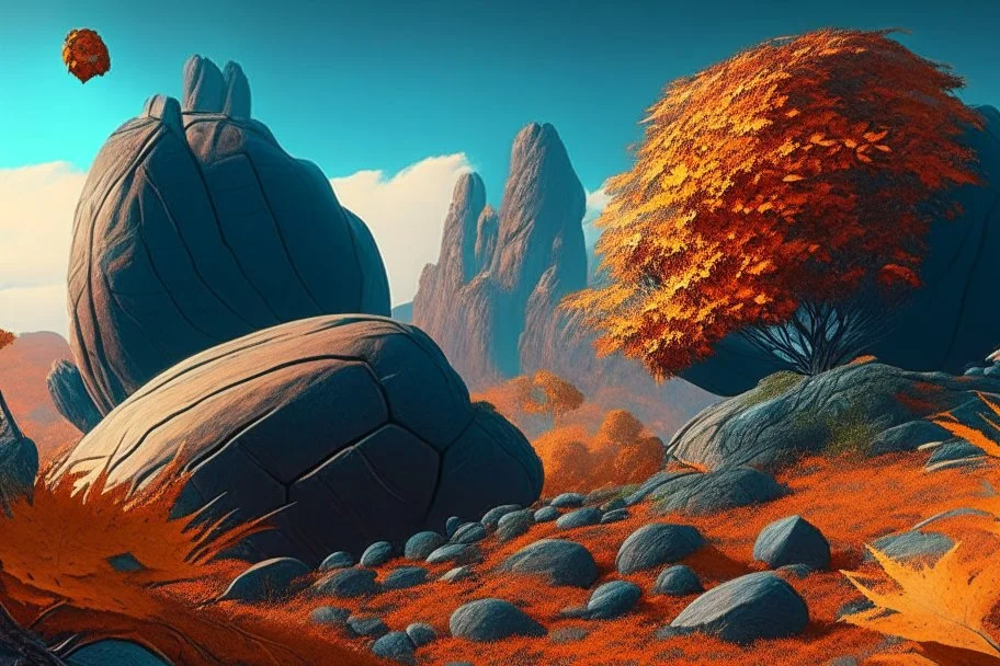 autumn vegetation, one exoplanet in the horizon, big stones, cliff, surrealistic, sci-fi.