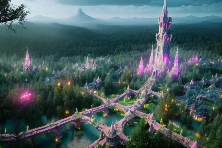 Magical fantasy elven town city tower forest rivendell tree flower pink green yellow beautiful nature river 4k full hd