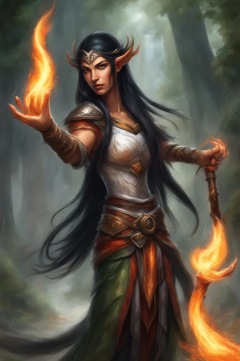 Generate a photo of a powerful eladrin Druid. Envision a female with long black hair, half braided and half down, emitting a fiery presence. She wears light armor, preferring agility in tandem with her mastery of fire and magic. A noticeable scar on her face reflects her experiences in battles. Picture her skillfully conjuring fire from her hands, with big, bright red eyes that gleam like flames. The tanned brown skin adds to her warrior aesthetic, embodying strength and elemental prowess.