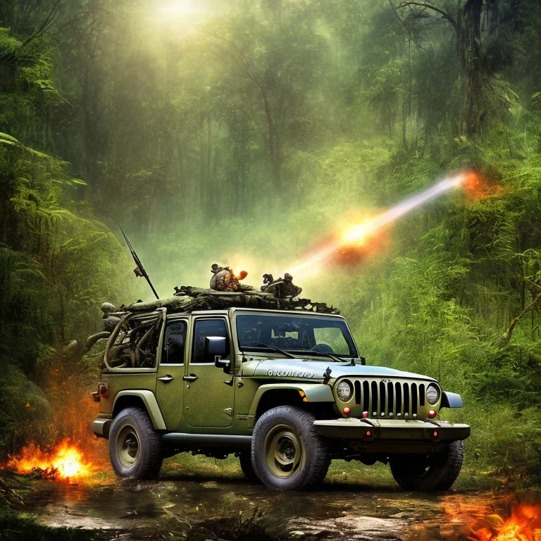 vietnam war. war report. jeep in jungle. poster. bokeh. lens flare. warm lights. high detailed