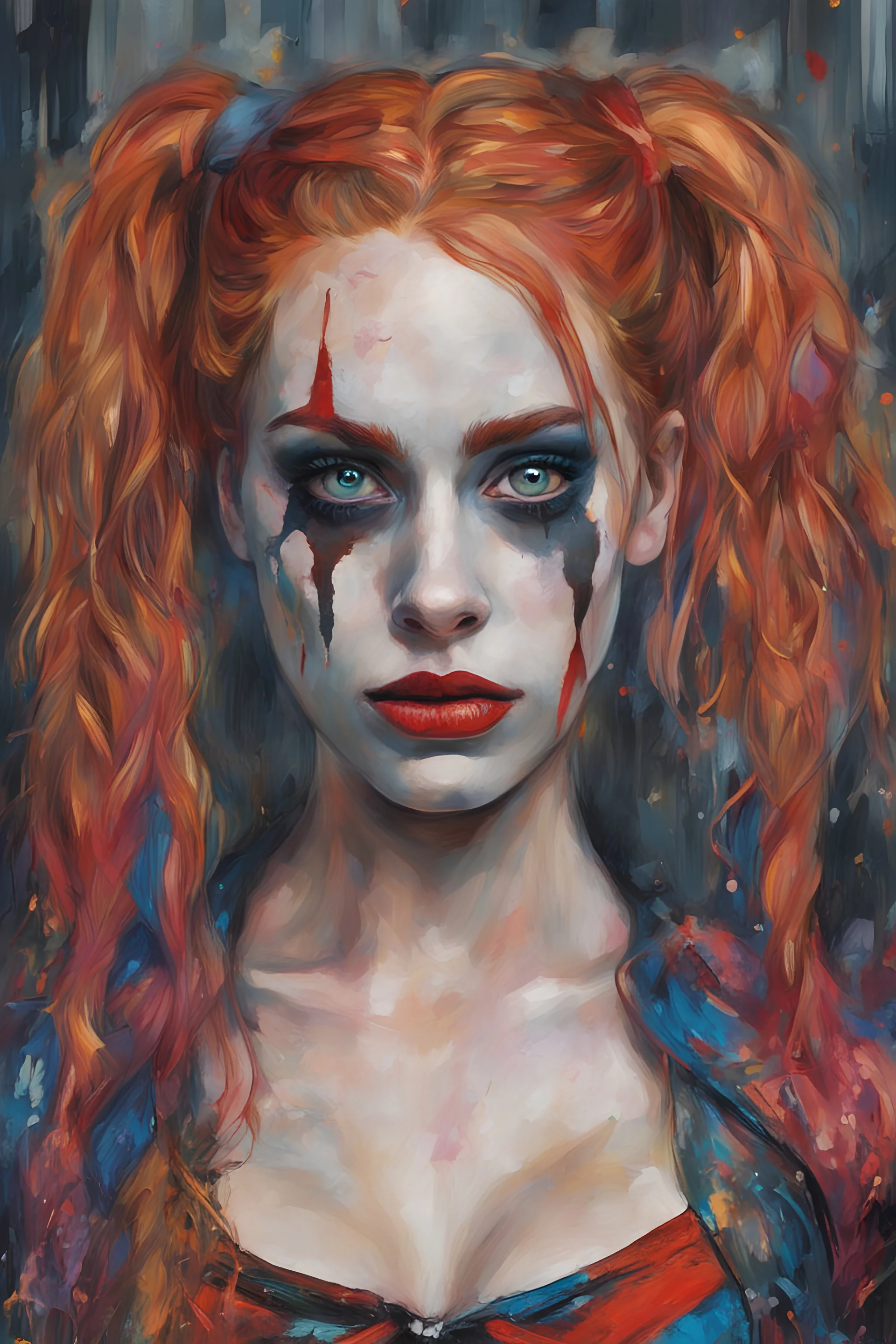 Harley Ginger hair Alexandra "Sasha" Aleksejevna Suicide Squad Harley Quinn psychology oil paiting In depth psychology display Gustav Klimt style New York City detailed render eye candy breathtaking on