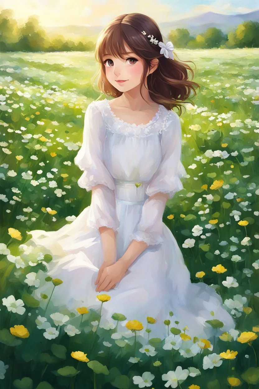 a girl in a white dress sitting in a field of clovers, portrait of girl in flower field, girl sitting in a flower field, girl standing in flower field, realistic cute girl painting, girl frontal in a flower field, in a grassy field, sitting in a field of flowers, cute anime girl portrait, portrait anime girl, girl standing in a flower field