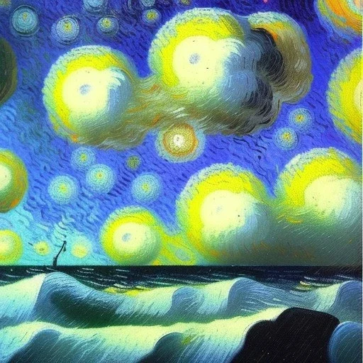 Dibujo al oleo de un gigante en la playa con gaviotas con tormenta con estilo de Vincent van Gogh