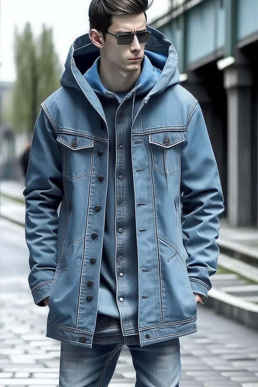 Man's long gridle light blue jeans coat with hood