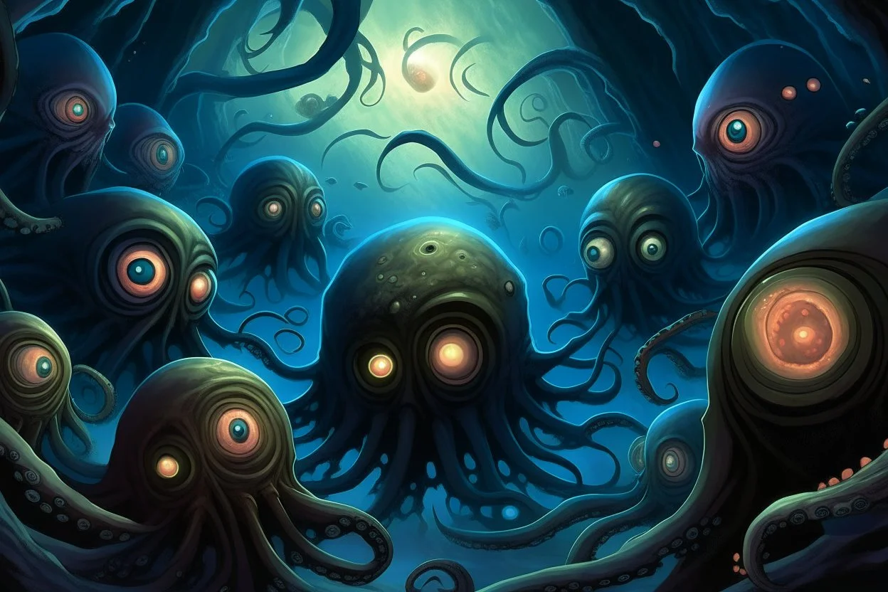 View into an event horizon in space with many enormous strange tentacled creatures with huge eyes and mouths flying around