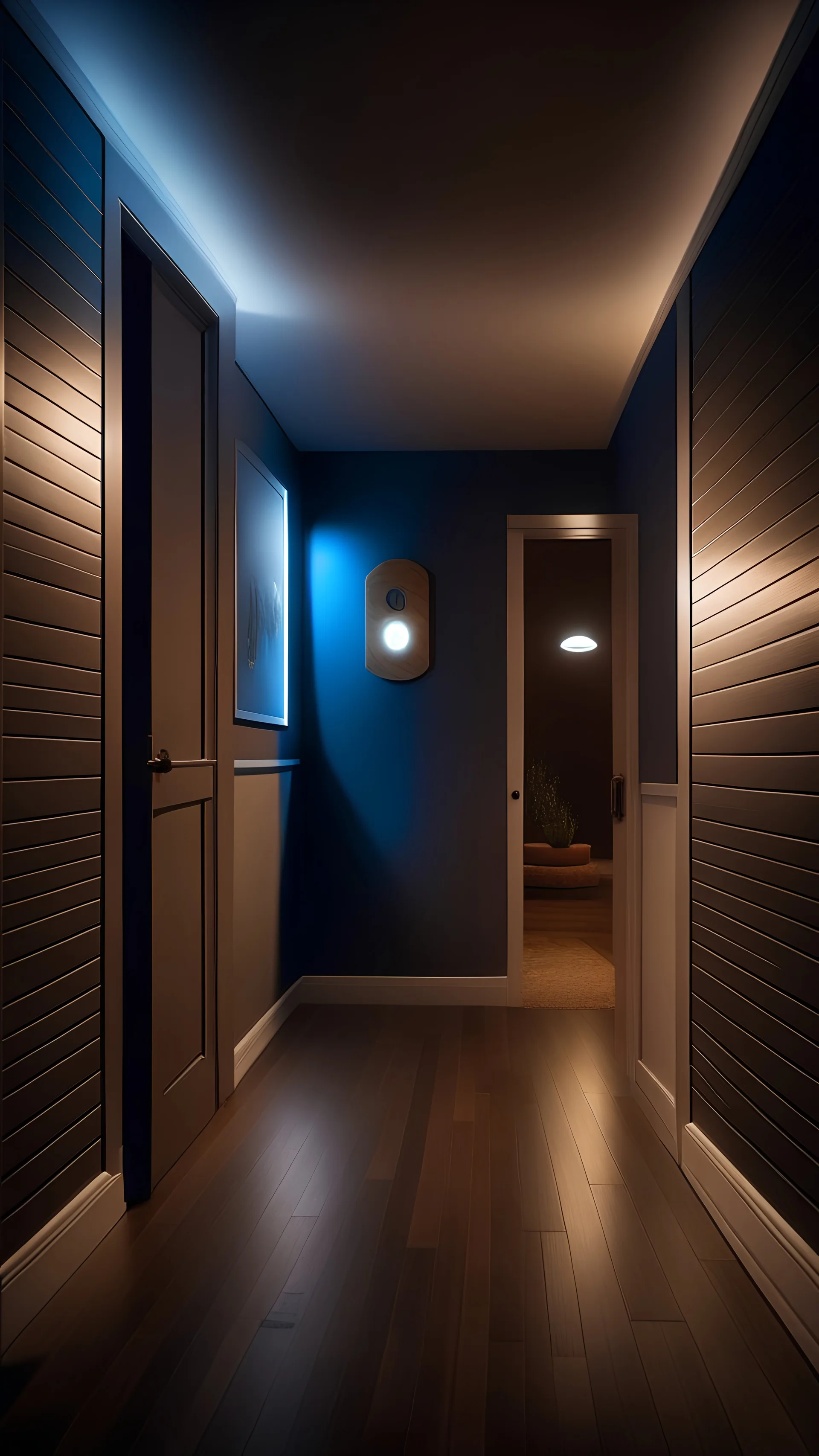 Create an image of a hallway or room with motion-activated lights, capturing the moment when the lights turn on as someone enters the space.