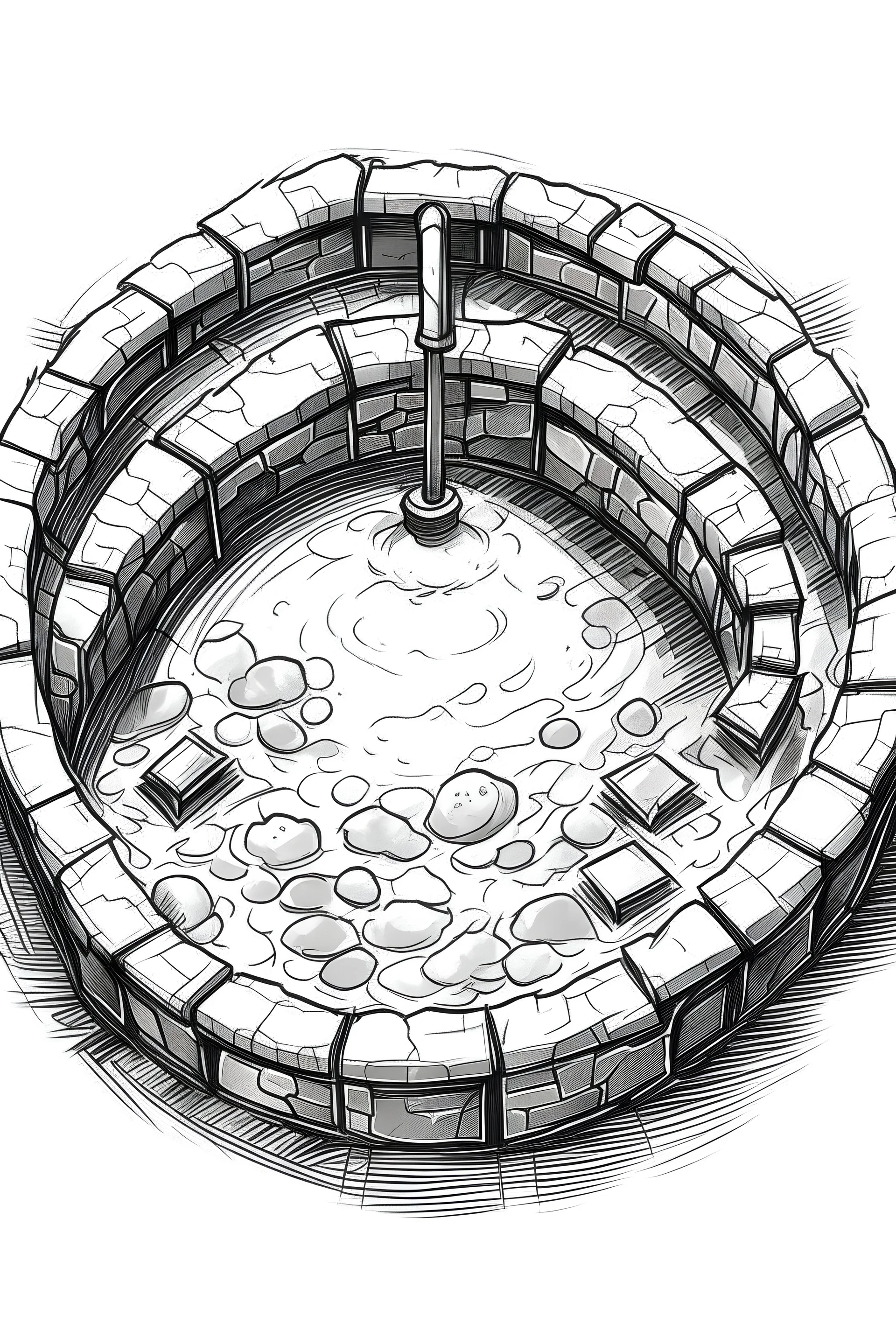 A drawing of an old Stone well in a Crypt dungeon. White Eels swimming in the wells water. Sketch drawing. Top down View.