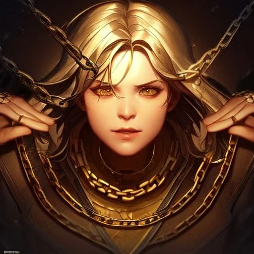 breaking out of chains, hands look realistic, chains are broken, anime, freed, breaking the links in a chain to escape, reowning her power, chain is gold, liberation