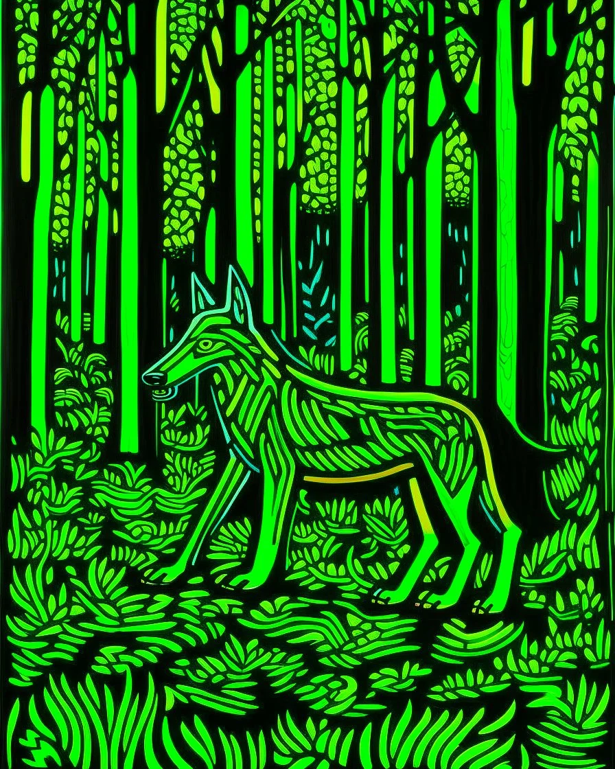 A neon green forest with a wolf painted by Keith Haring