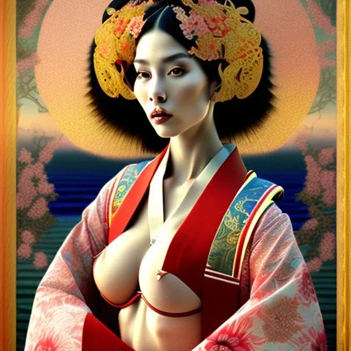 Retrato de cuerpo entero una Gheisha vestida con kimono muy guapa y voluptuosa con el estilo de Sandro Botticelli