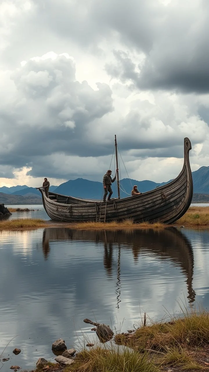 An old abandoned ship side view appeared on a little lake , a Stone Age men caring hunting tools are around it wondering, some one of them climb on it , in stormy thunderstorms and clouds , and some mountains in the distance background