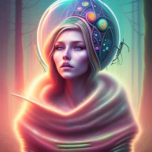 spray painting fantasy art, portrait blonde with star tattoo on forehead, in mummy sweater, standing in portal to forest world from desert world,poetry book illustration