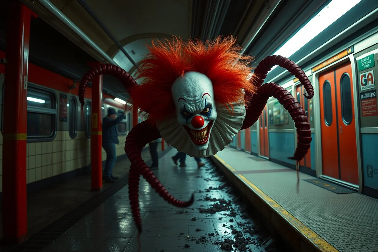 Horror Movie scene of a Clown centipede monster in the subway station, scary