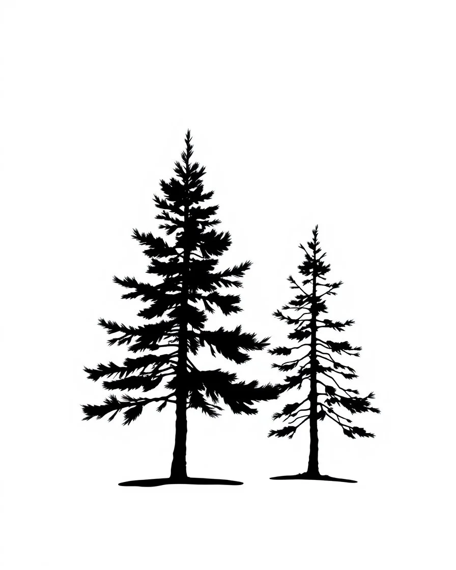 2 isolated spruce/pine tree silhouette with ground shadow, simplified black on white clipart