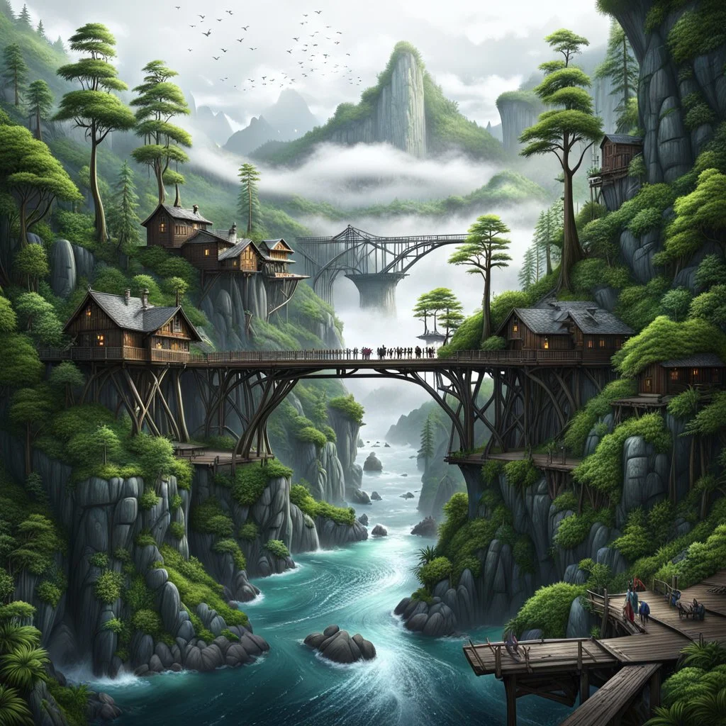 rany day, close ap a visible from the side one massive wooden bridge connects the over two gorge, between two tall rocky shores, sprawling, tall thick alien trees on both shores, log wooden houses in the distance in the background, rainy landscape, lush vegetation , massive trees,, high detailed, fantasy, high photorealistic, cinematic