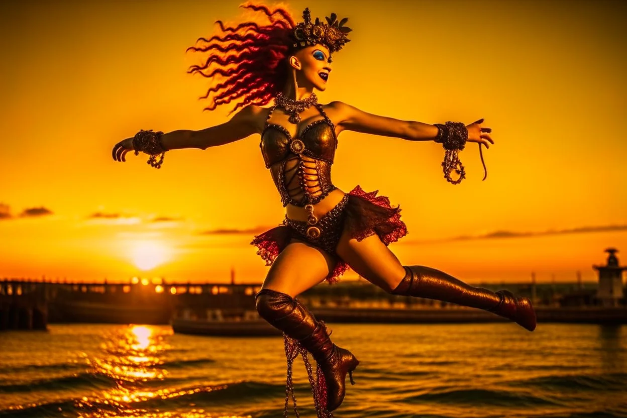 the most Beautiful steampunk Mermaid, jumping out of the Ocean at sunset