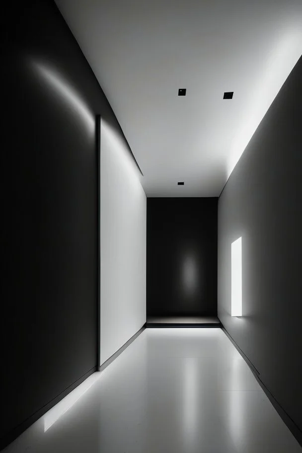 Black veined walls and a white floor with a rectangular reception and hidden lighting