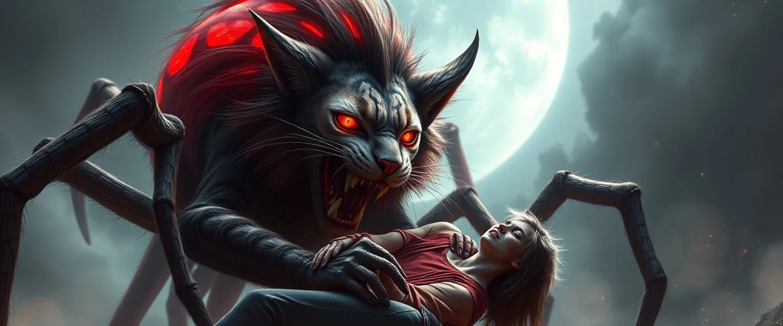 vampire space spider lion cat holding a human in its grip