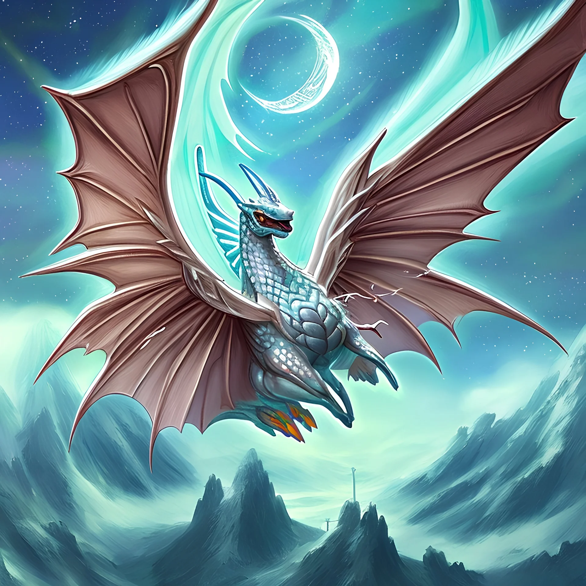 image framed with a thin border of celtic designs, story book cover format, A winged celestial dragon in flight above a forested mountain, against a background of brilliantly glittering stars, hd 4k, fine sharp detail