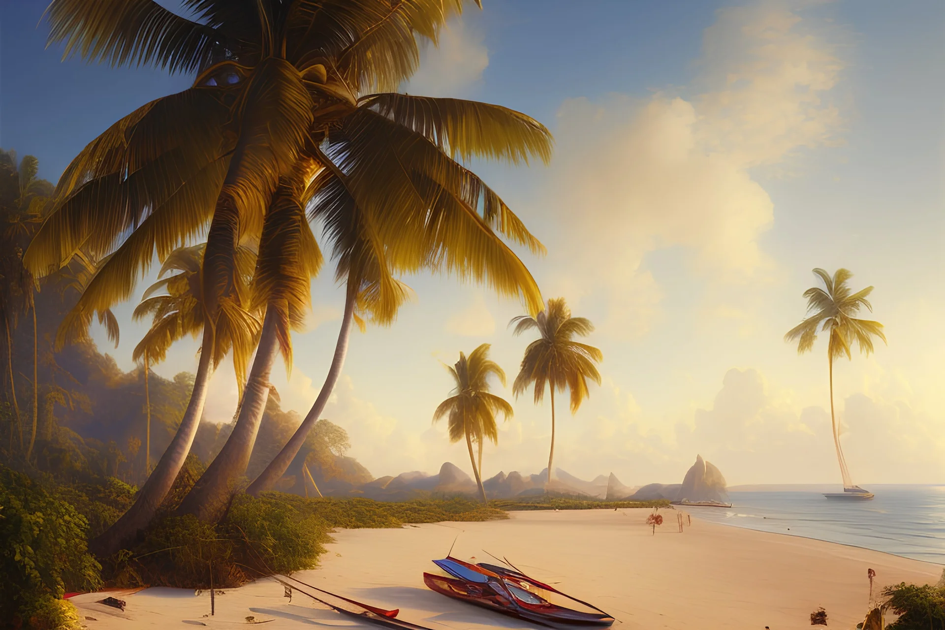 Peder Mork Monsted style, tropical beach, palm trees, palm hut