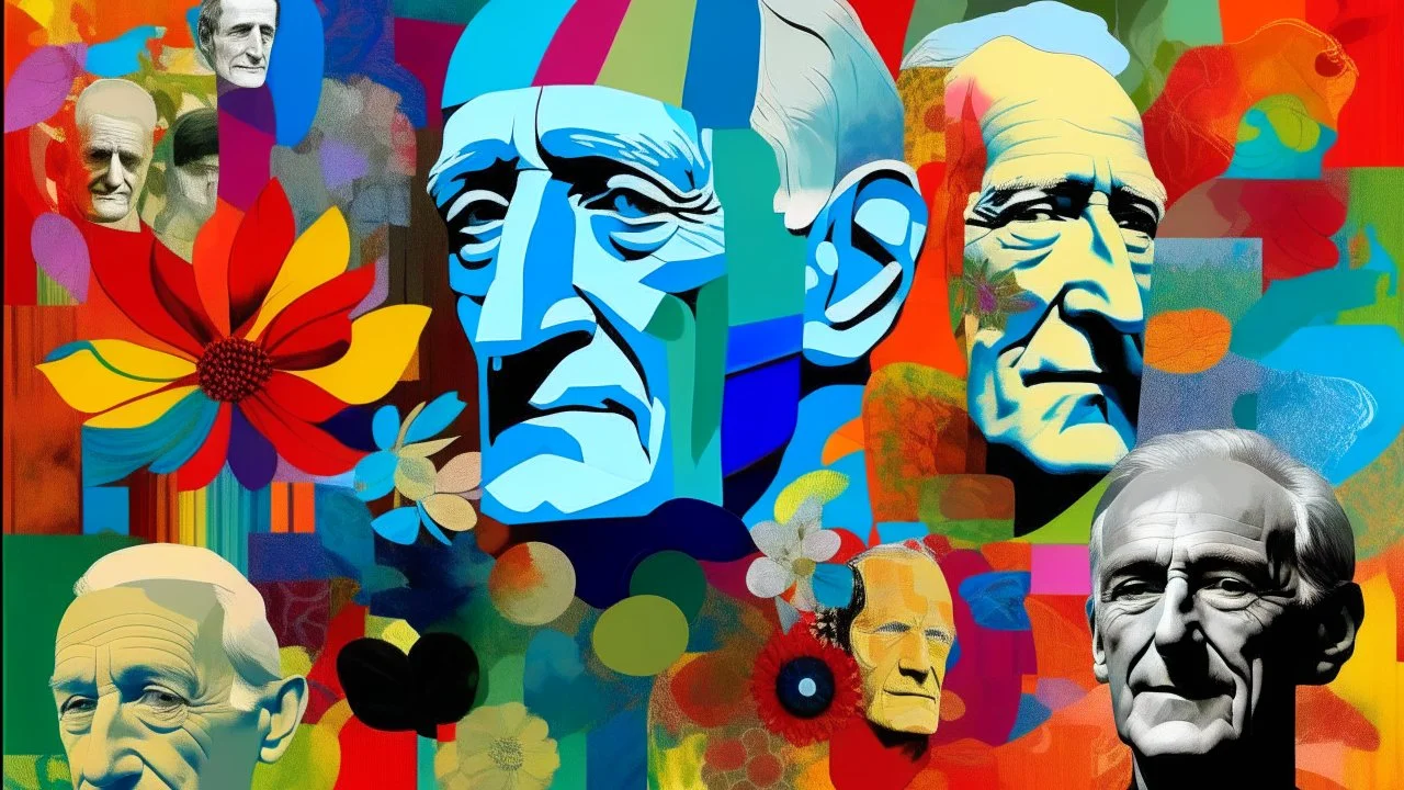 Collage of multiple overlapping faces with various expressions, textures, and colors, featuring a prominent older man face with a flower behind his ear on the right side, set against a colorful abstract background