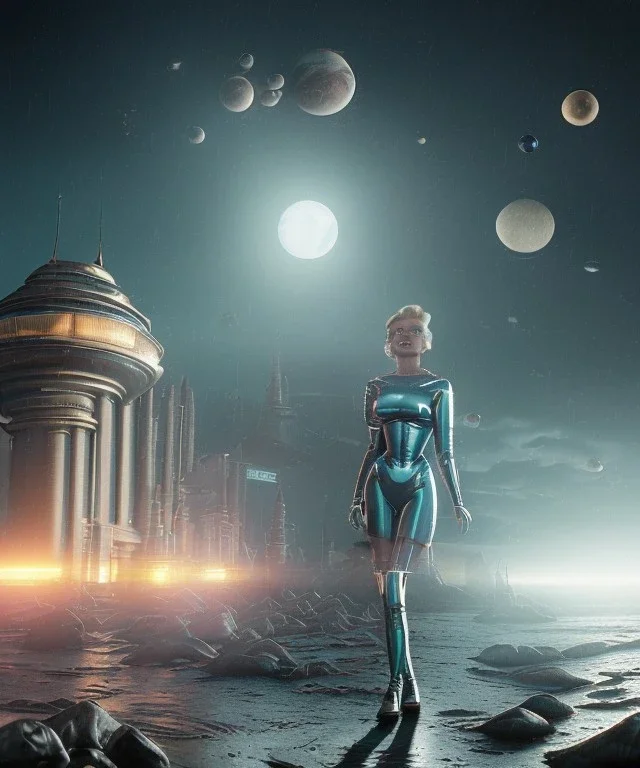 Ultra Realistic retro sci-fi 1960 scene, waist up view portrait, blonde woman, sweet young Marilyn Monroe face, perfect iris, tight latex coat, Strange planet background, Retro sci-fi style glass helmet, sphere dron, fog, rain, soft color, highly detailed, unreal engine 5, ray tracing, RTX, lumen lighting, ultra detail, volumetric lighting, 3d, finely drawn, high definition, high resolution.