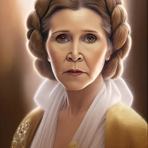 hyperspace background, complete and photo realistic detailed head to waist stunning photo realistic portrait of carrie fisher as Princess Leia in star wars with photo realistic updo hair by Mandy Jurgens and mucha and Richard Schmid and chuck close and chie yoshii, extraordinary and detailed ceremony dress of star wars,brown eyes