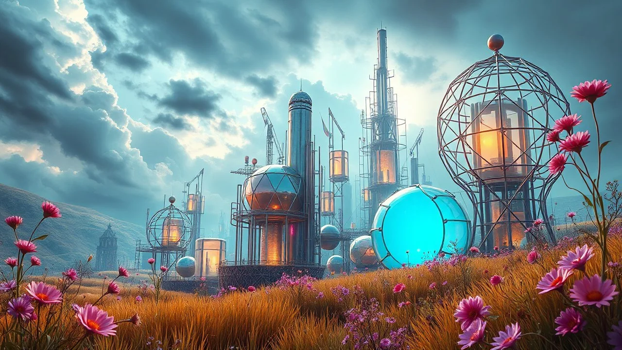 Dynamic cifi country side ,hypnotic of 3D structures Symmetry twisting and morphing between cifi plants , cifi flowers and metal geometric 3d structures buildings , smooth translucent iridescent glass with inner glow and bubbles, varied transparent materials, stormy skies, intense dramatic