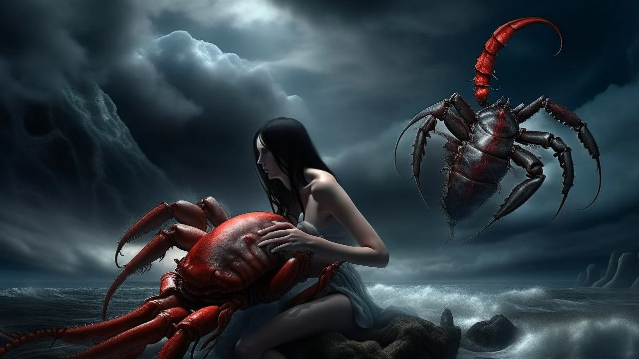 A surreal transformation scene in which a woman's body gradually transforms into a lobster. Her skin becomes scaly and her legs become powerful crustacean appendages. The background is a cloudy, ominous sky, and the air is thick with tension and fear.