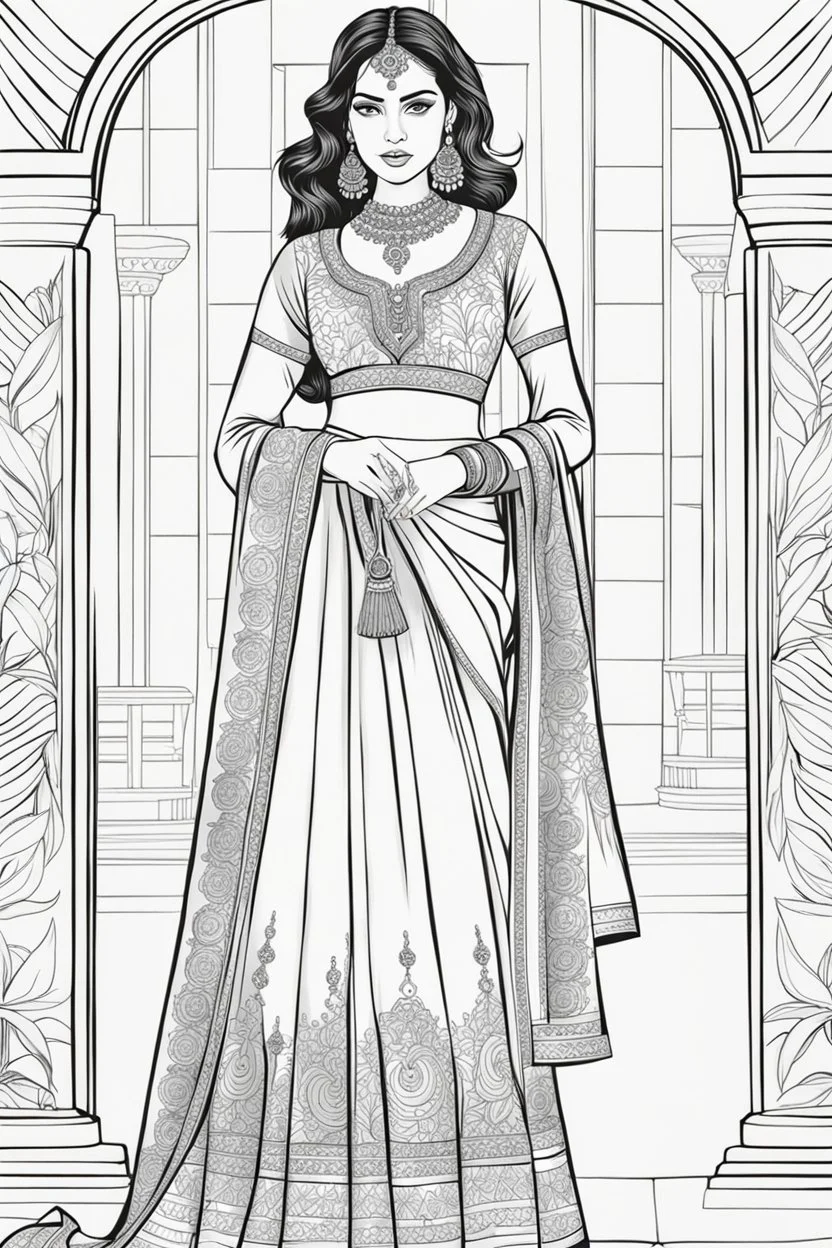 coloring page for adults of fashion model wearing hindi dress, thick and clear lines hair, full body portrait, style clean coloring page for adults, cartoon style, clean line art high detailed, white background, coloring book style, 8k, no-shading, thick lines hair, no-grayscale, lines hair