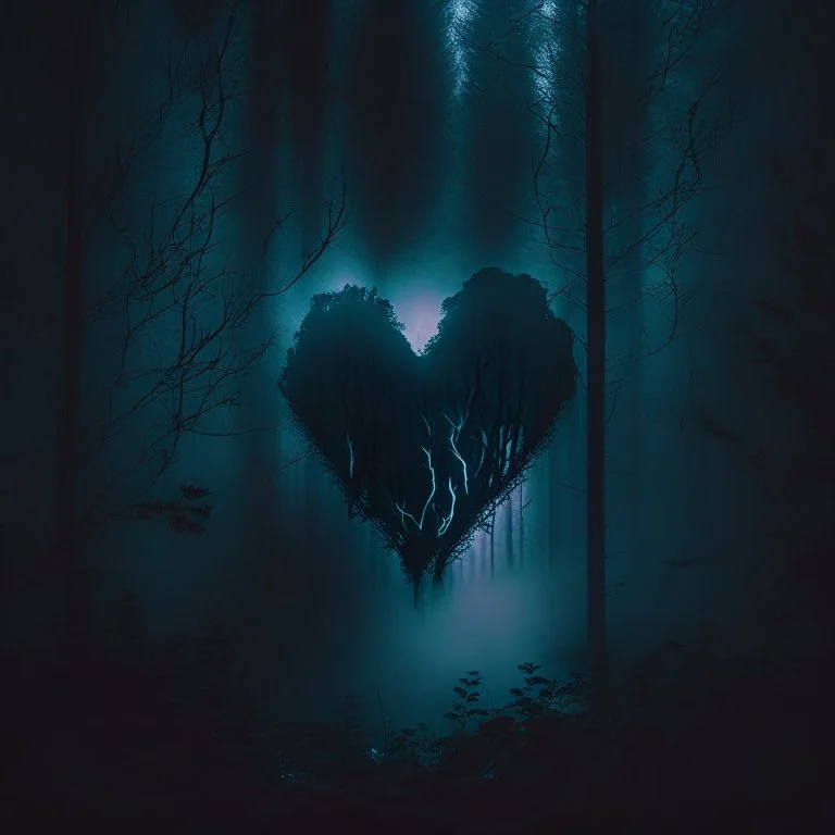 black fog in the forest at night with an electric heart