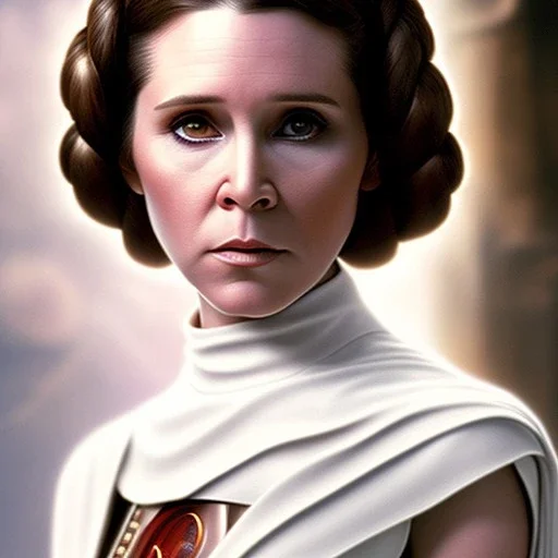 stunning half-body-portrait photo of princess leia from Star Wars played by Carrie Fisher, wlop, artgerm, akihiko yoshida, and liang xing, detailed face, doe eyes, intricate hair style, symmetrical eyes, trending on artstation, highly detailed, white dress, dynamic pose, intricate outfit, space ship and galaxy background