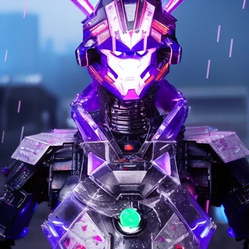 A portrait of a crystallized Robot, Japanese cyber samurai, art by Yoji Shinkawa, artist, cold ambient, rain, fog, latex, cables, purpurin, black, decorative color lights, neon style, a lot of led lights, fog, rain, vibrant color, highly detailed, art stations, concept art, smooth, unreal engine 5, god rays, ray tracing, RTX, lumen lighting, ultra detail, volumetric lighting, 3d, finely drawn, high definition, high resolution.