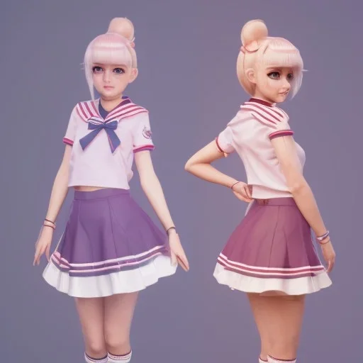 A very cute girl full body,wearing a short skirt,with blonde hair with a fade of light pink,sailor uniform,full round face,teenage girl