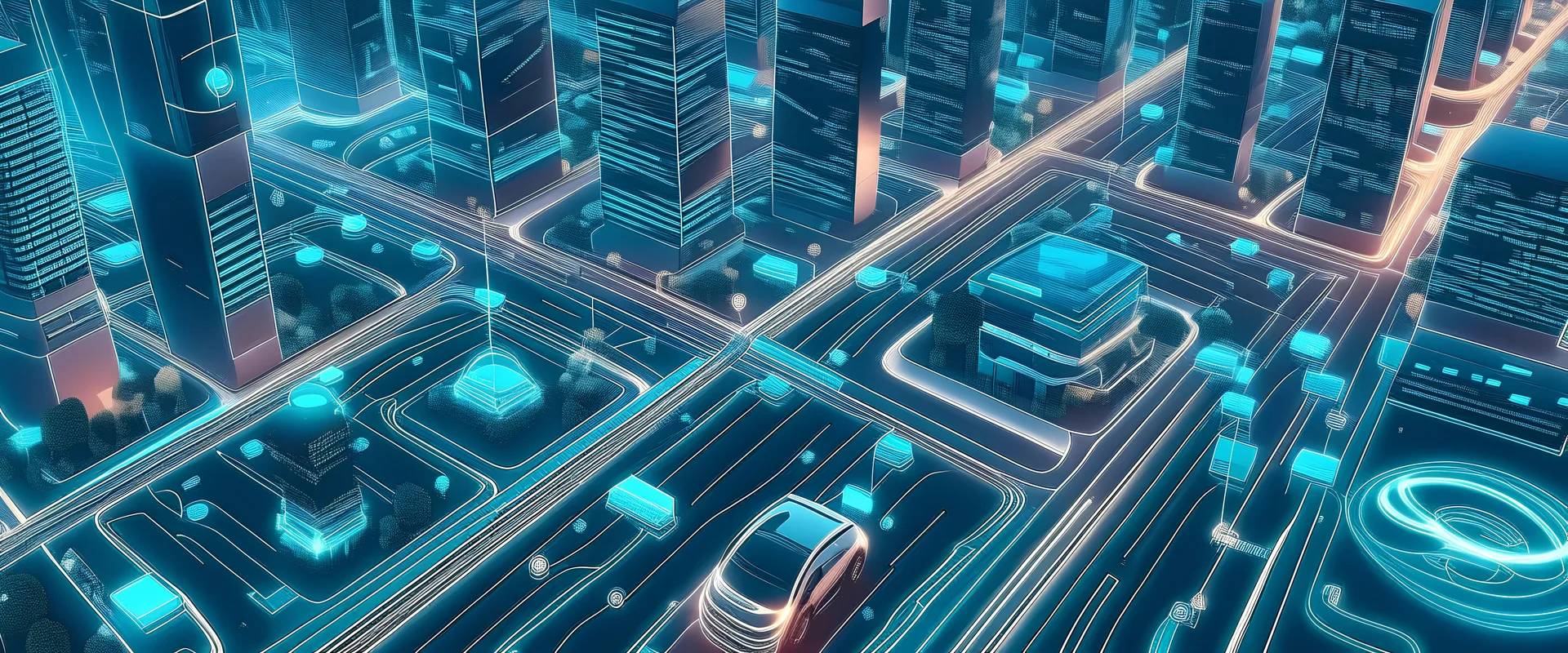 Overhead view of roads in a futuristic city with autonomous vehicles, overlay vehicle tracking system, advanced traffic management, intelligent transportation, and smart city concepts, generative ai